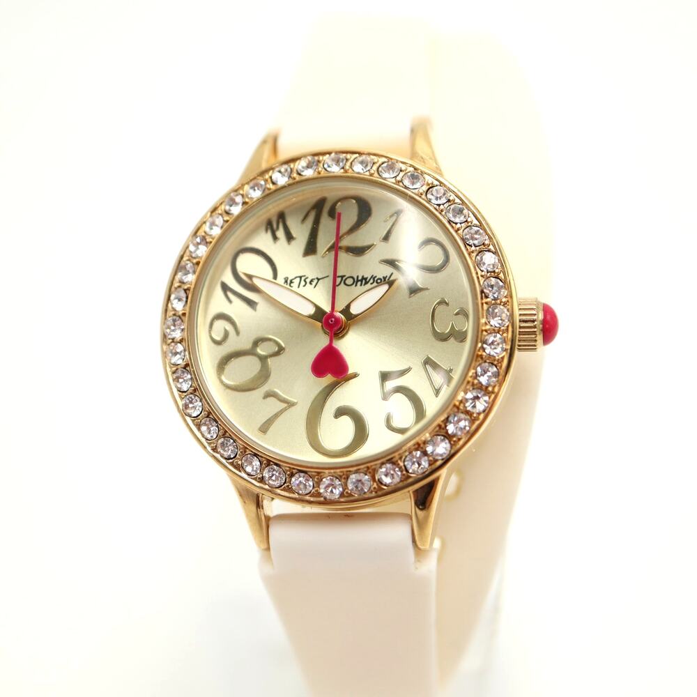 Betsey Johnson Gold Tone 30mm Watch Gem Bezel White Silicone Wrap w New Battery